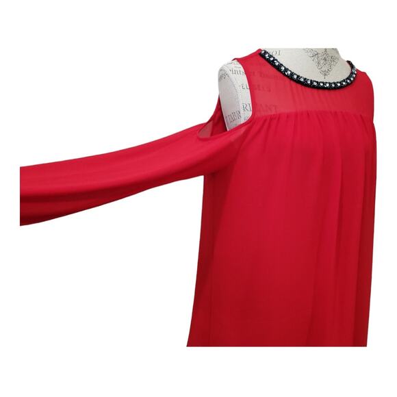 Michael Kors Red Long Sleeve Cold Shoulder Beaded Crew Neck Blouse Shirt Top - Picture 1 of 10